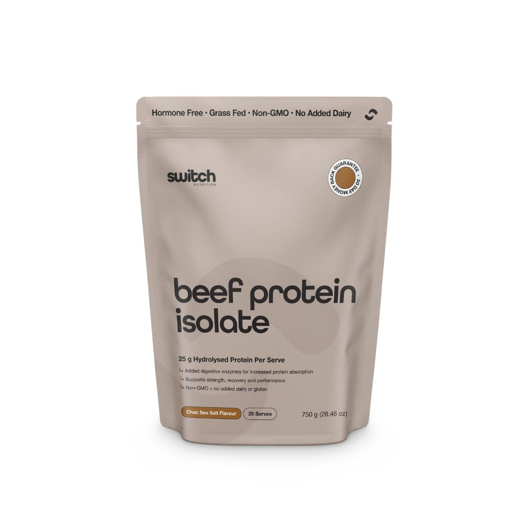 Grass-fed beef protein isolate HydroBEEF™ protein powder tub in Choc Sea Salt and Iced Latte flavours, dairy-free high protein supplement Nutrition Capital Australia, 15 and 25 serves packaging, hydrolysed beef protein for athletes and active lifestyle nutrition, clean label sports supplement branding.
