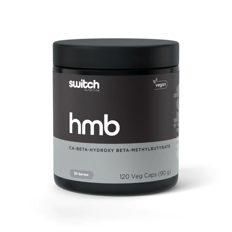 Switch Nutrition HMB supplement bottle for muscle recovery, lean mass retention, and strength support – Available in Australia with fast delivery.
