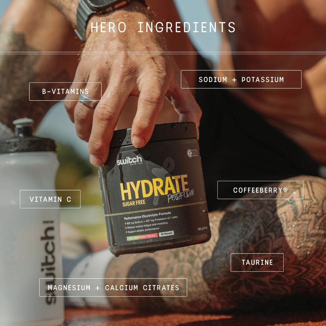 Switch Nutrition Hydrate Perform Sugar Free electrolyte powder tub showing hydration supplement with sodium, potassium, taurine and vitamins for performance hydration