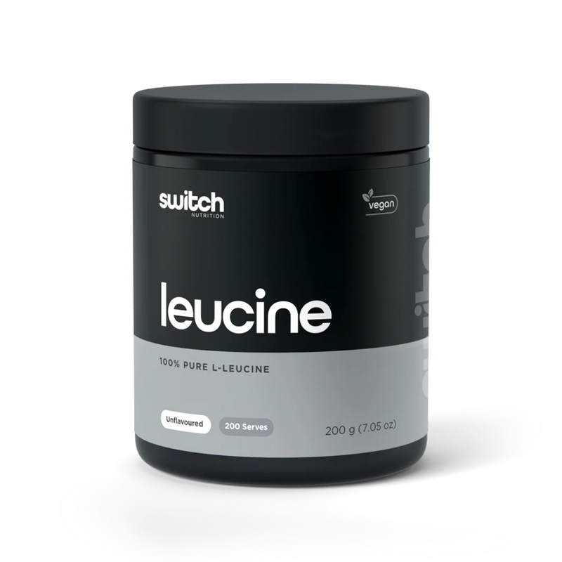 Switch Nutrition L-Leucine powder supplement for muscle protein synthesis, recovery, and lean muscle support – Available in Australia with fast delivery.