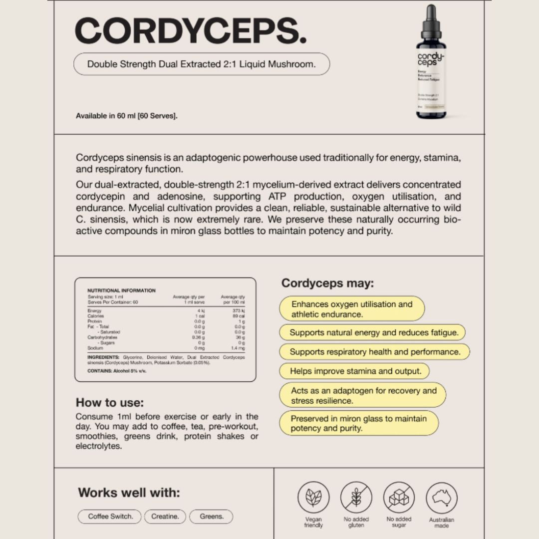 Switch Nutrition Cordyceps liquid extract 2:1 energy and endurance mushroom supplement in Miron glass bottle