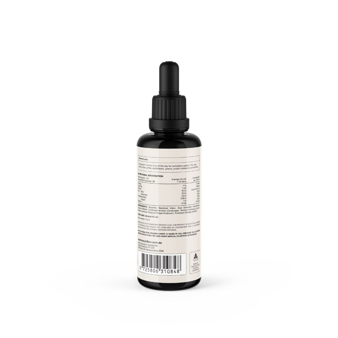 Switch Nutrition Four Blend liquid mushroom extract 2:1 supplement for focus energy and immune support in Miron glass bottle