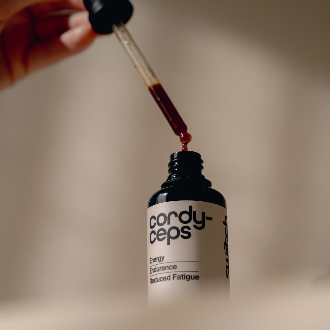 Switch Nutrition Cordyceps liquid extract 2:1 energy and endurance mushroom supplement in Miron glass bottle