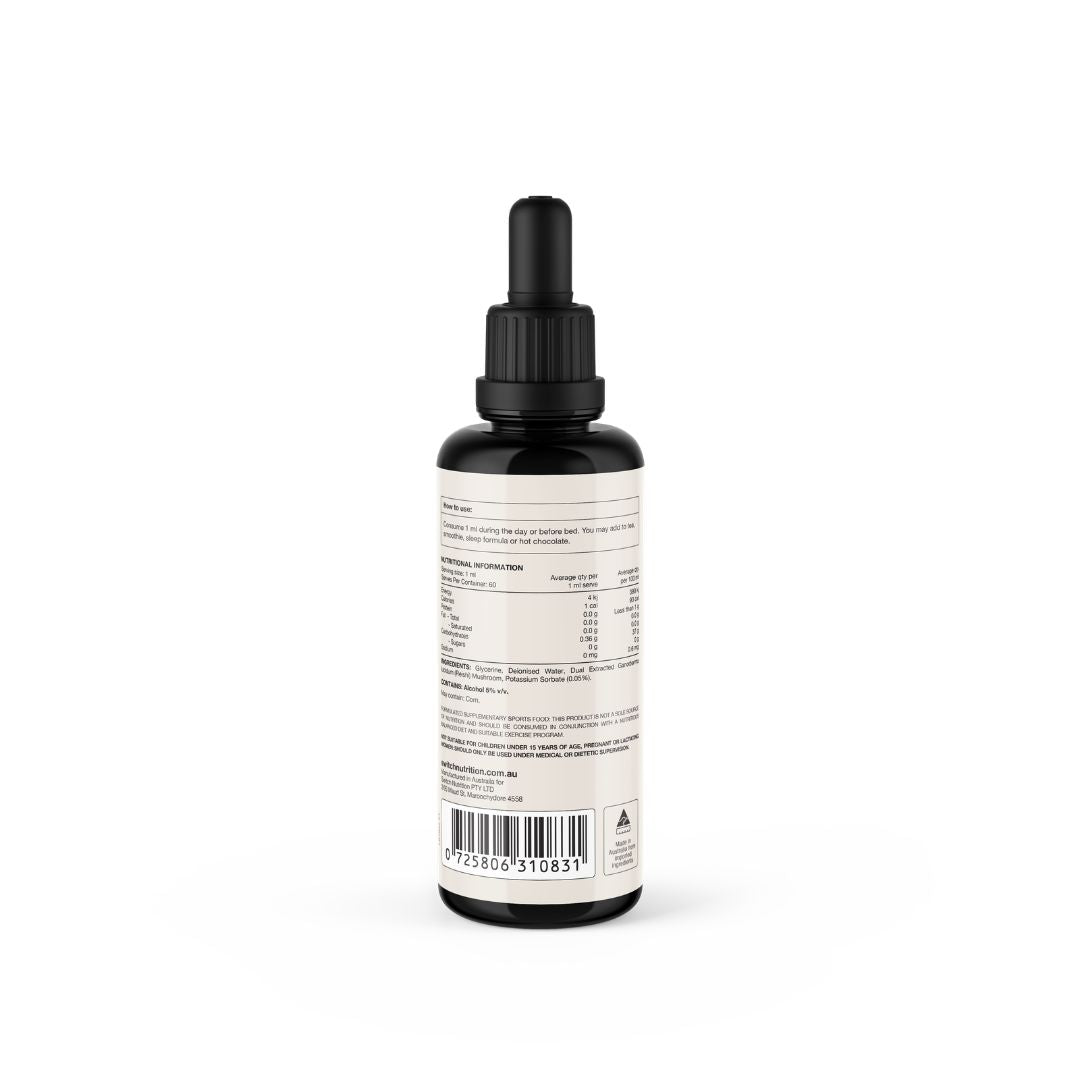 Switch Nutrition Reishi liquid mushroom extract 2:1 for stress sleep and immune support in Miron glass bottle