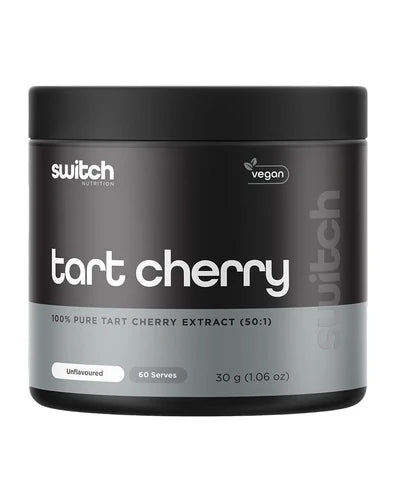 Switch Nutrition Tart Cherry Powder – 50:1 dual-extracted, antioxidant-rich powder that supports recovery, muscle repair, and sleep, available for Australia-wide shipping.