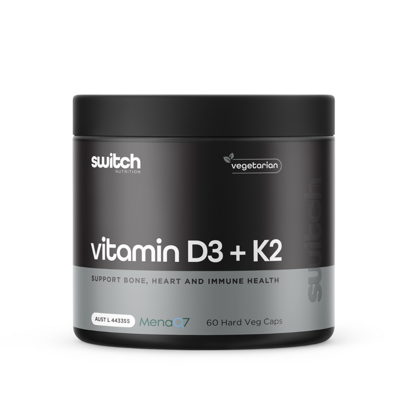 Switch Nutrition Vitamin D + K supplement bottle for bone health, immune function & cardiovascular support – Available in Australia with fast delivery.