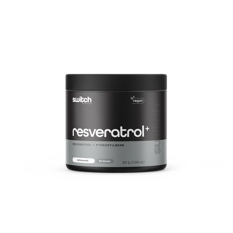 Switch Nutrition Resveratrol + Pterostilbene supplement bottle for cellular protection, longevity support, and anti-ageing – Available in Australia with fast delivery