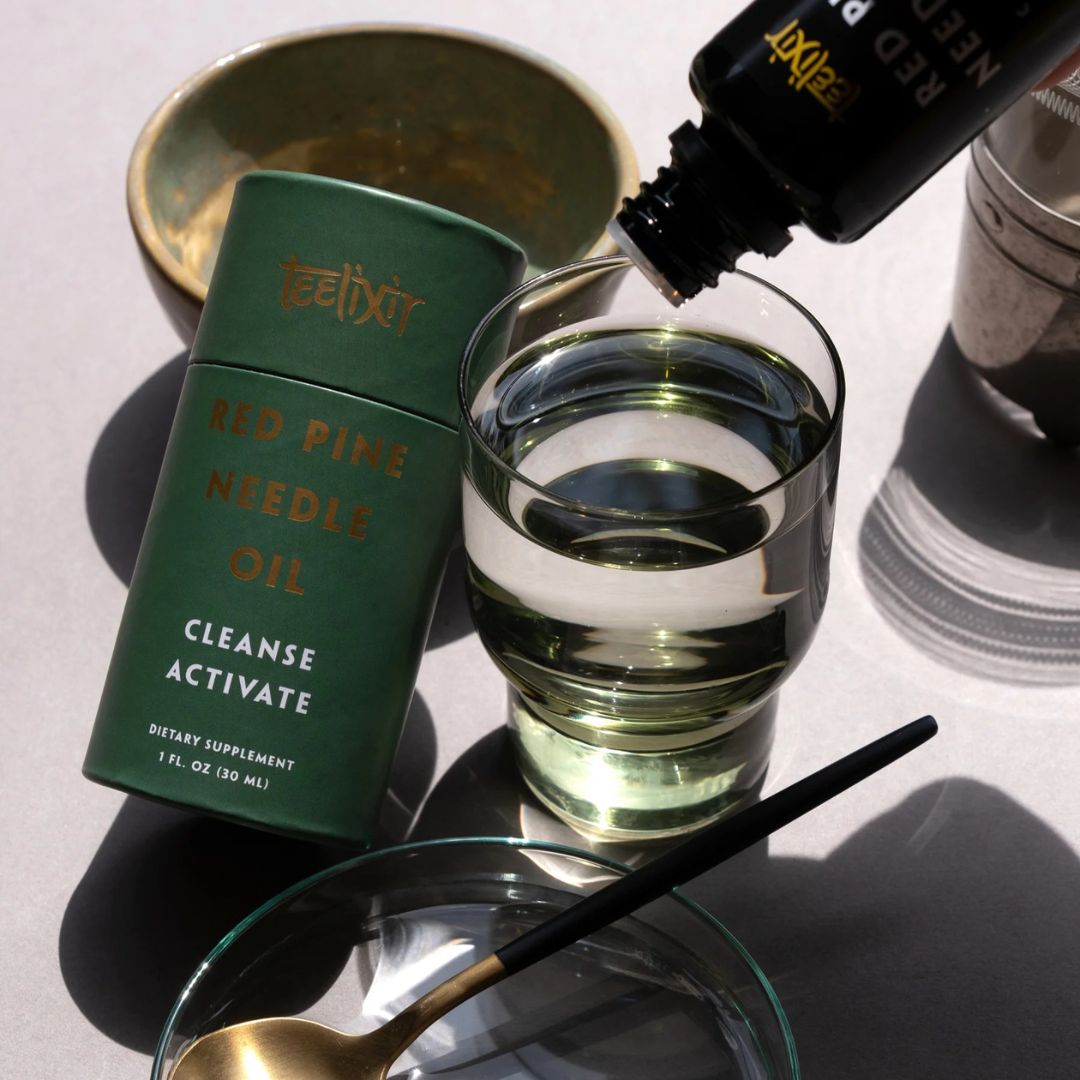 Wild-crafted Teelixir Red Pine Needle Oil bottle with antioxidant-rich Korean pine extract – premium herbal supplement from Nutrition Capital.