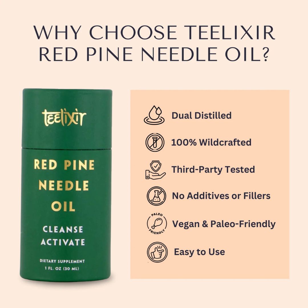Wild-crafted Teelixir Red Pine Needle Oil bottle with antioxidant-rich Korean pine extract – premium herbal supplement from Nutrition Capital.