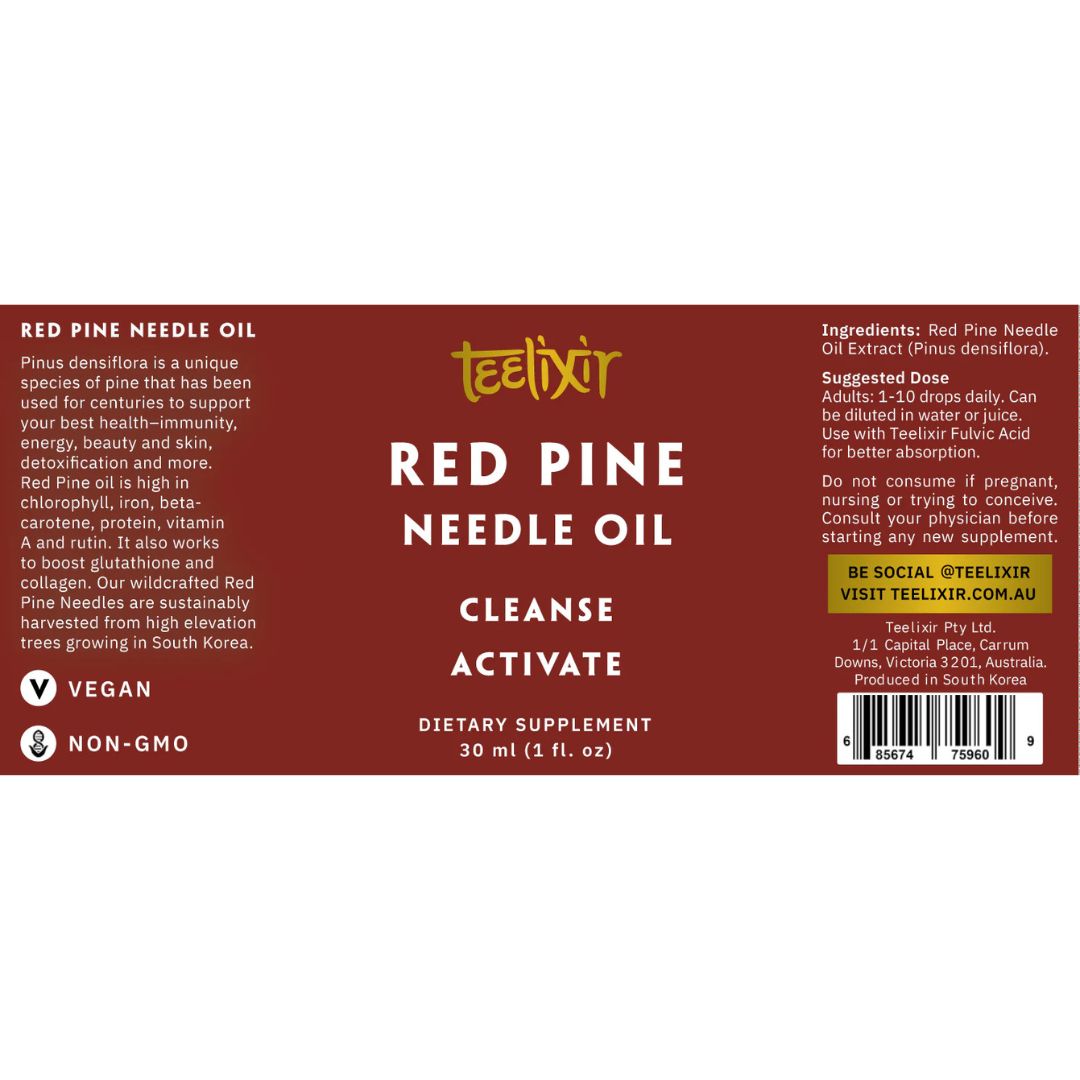 Wild-crafted Teelixir Red Pine Needle Oil bottle with antioxidant-rich Korean pine extract – premium herbal supplement from Nutrition Capital.