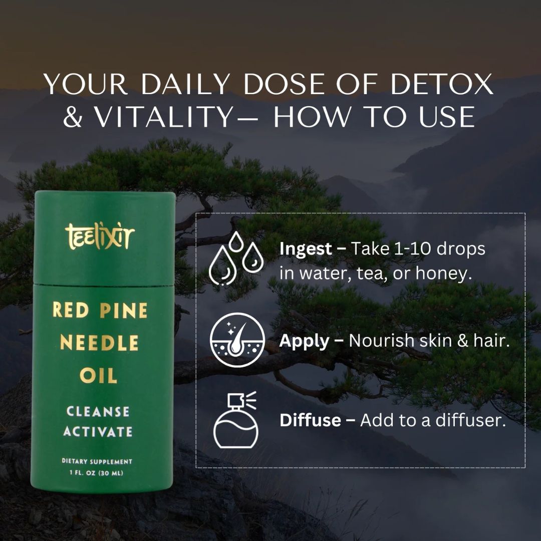 Wild-crafted Teelixir Red Pine Needle Oil bottle with antioxidant-rich Korean pine extract – premium herbal supplement from Nutrition Capital.