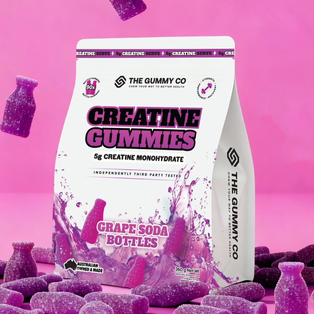 Tasty creatine monohydrate gummies shaped like soda bottles — The Gummy Co Creatine Gummies 5g serve, tested for purity