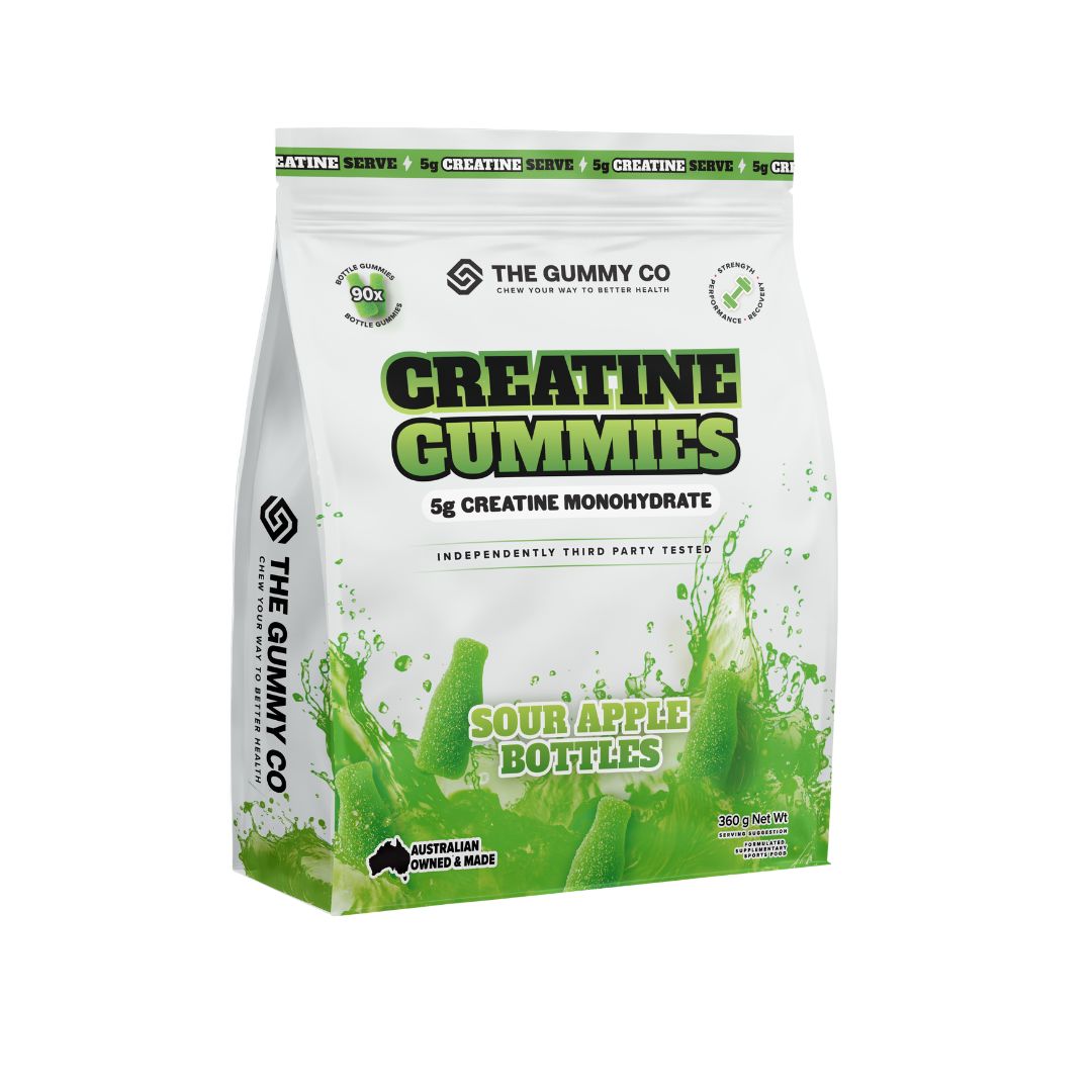 Tasty creatine monohydrate gummies shaped like soda bottles — The Gummy Co Creatine Gummies 5g serve, tested for purity