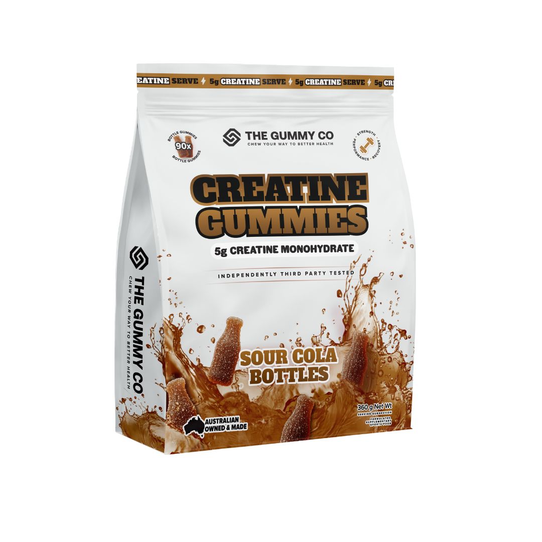 Tasty creatine monohydrate gummies shaped like soda bottles — The Gummy Co Creatine Gummies 5g serve, tested for purity