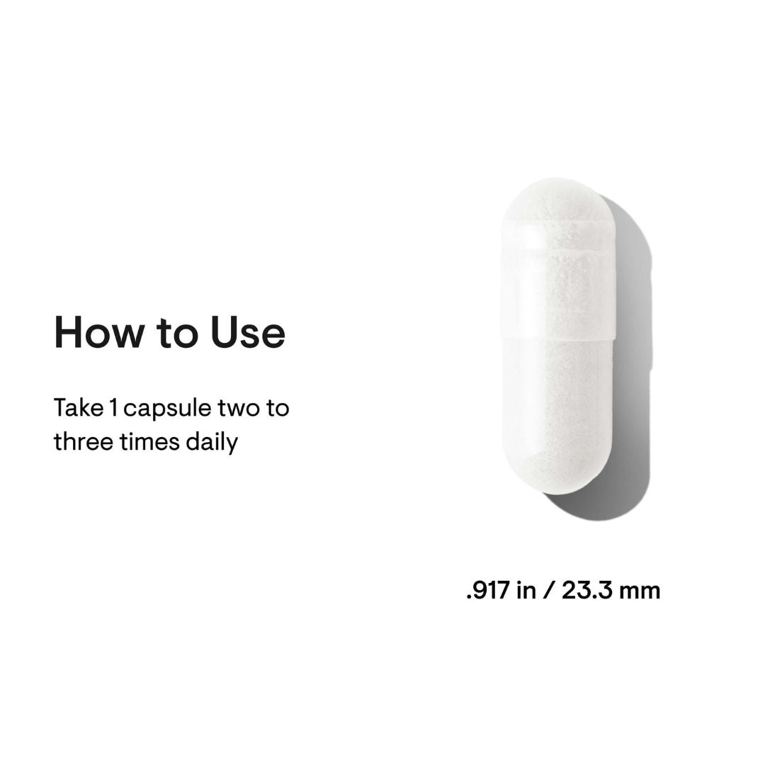 White capsule with text on how to use and dimensions on a white background