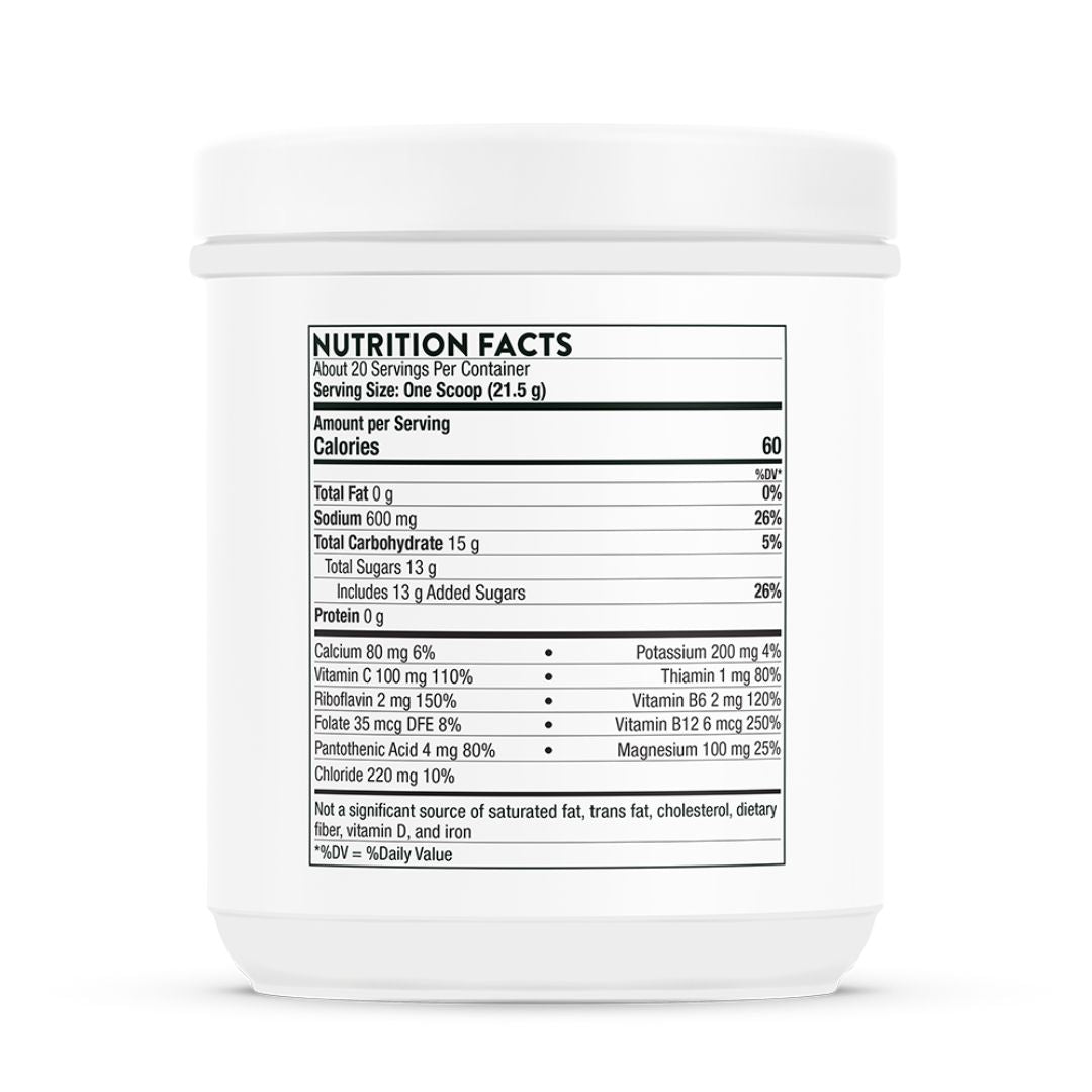 Thorne Advanced Electrolytes Lemon Lime powder container featuring an electrolyte blend with minerals, dextrose, B vitamins and NSF Certified for Sport® certification.