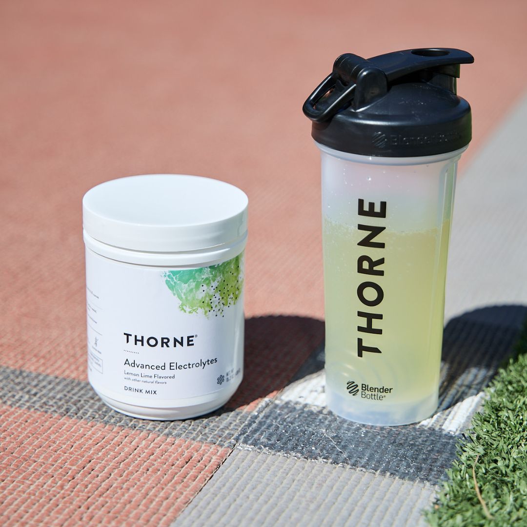 Thorne Advanced Electrolytes Lemon Lime powder container featuring an electrolyte blend with minerals, dextrose, B vitamins and NSF Certified for Sport® certification.