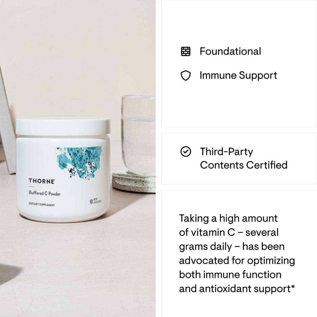 Thorne Research vitamin C powder container on a table with text about immune support and third-party certification.