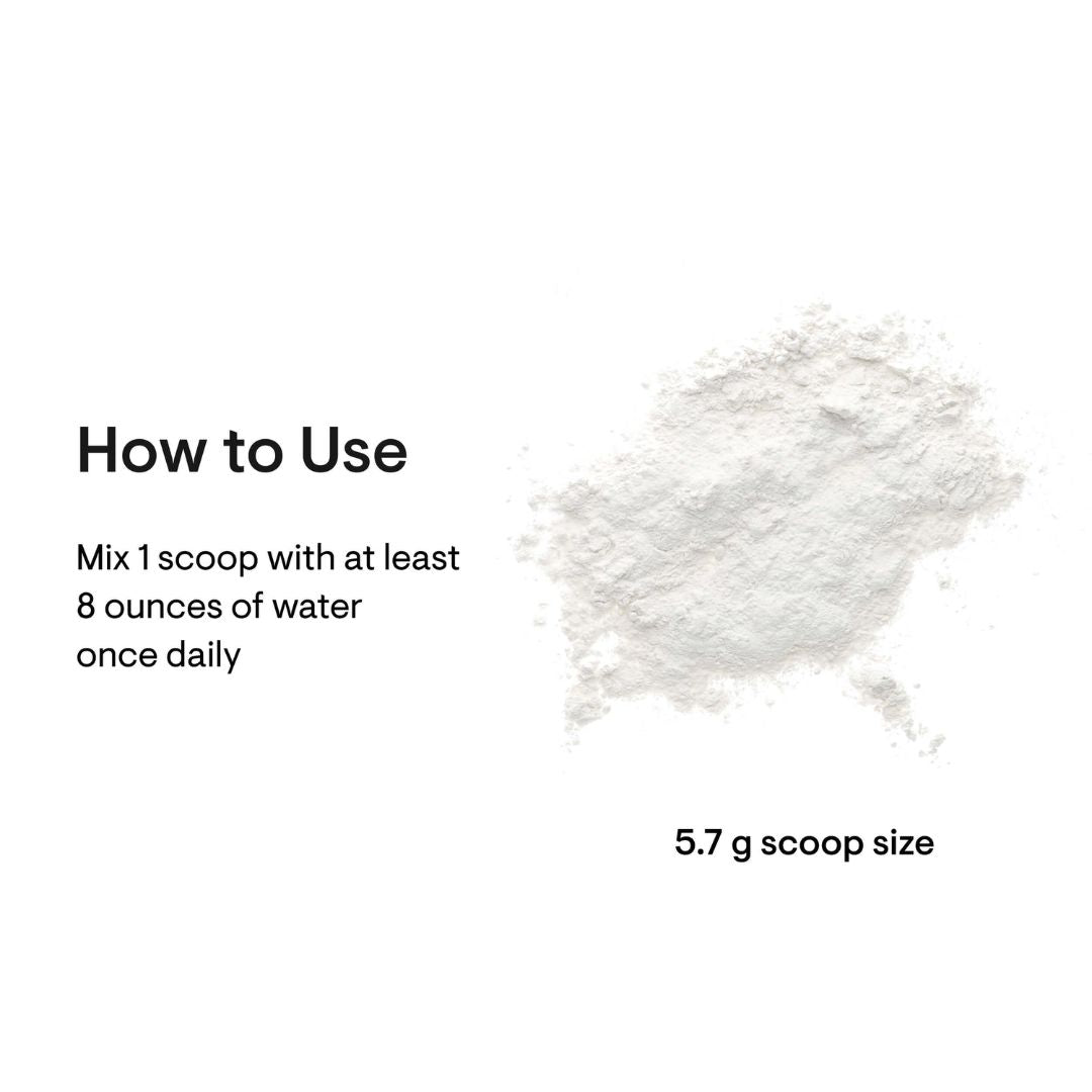 White powder with text on how to use and scoop size on a white background