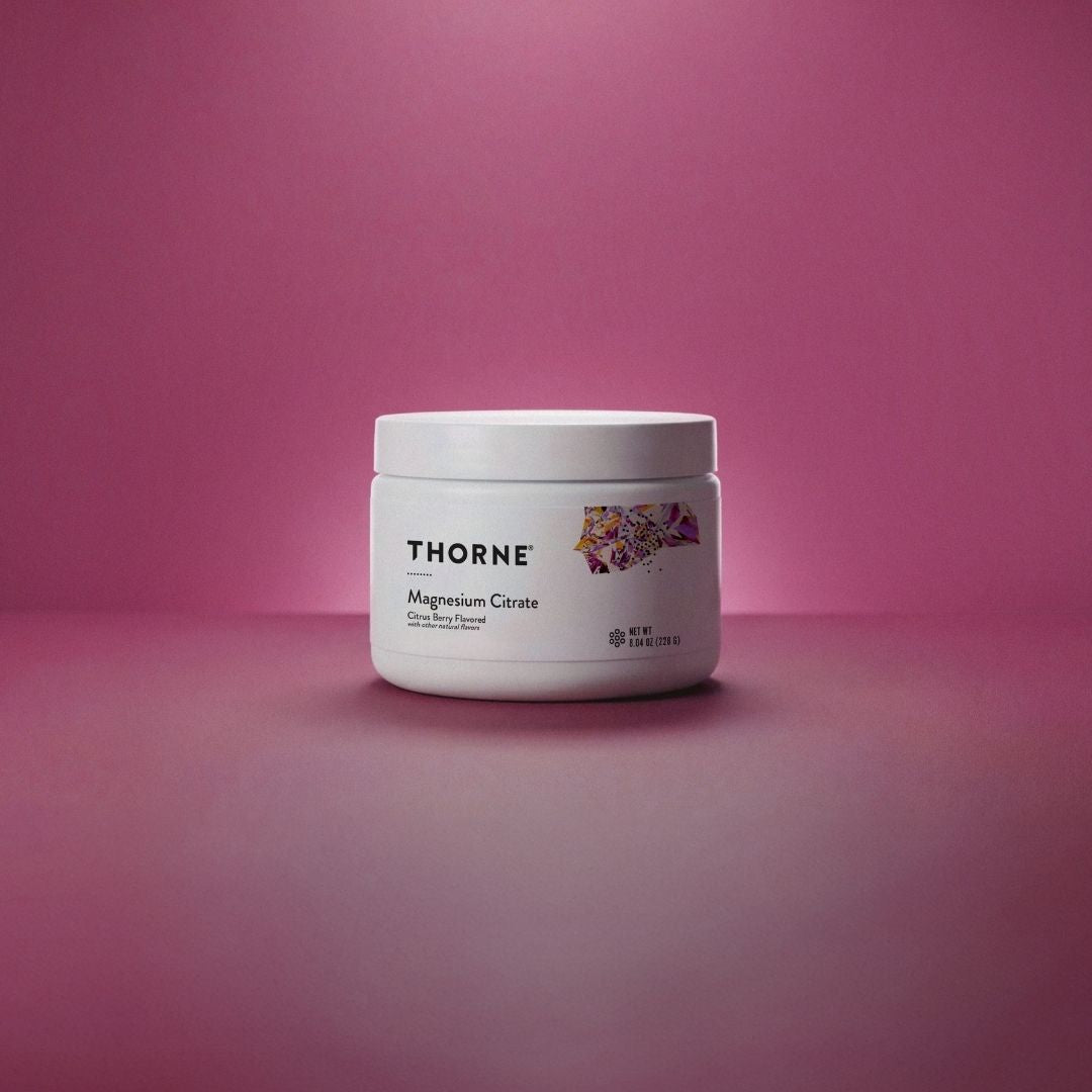 Thorne Magnesium Citrate Powder Citrus Berry container providing 250mg elemental magnesium per serving in a fast-dissolving powder format.