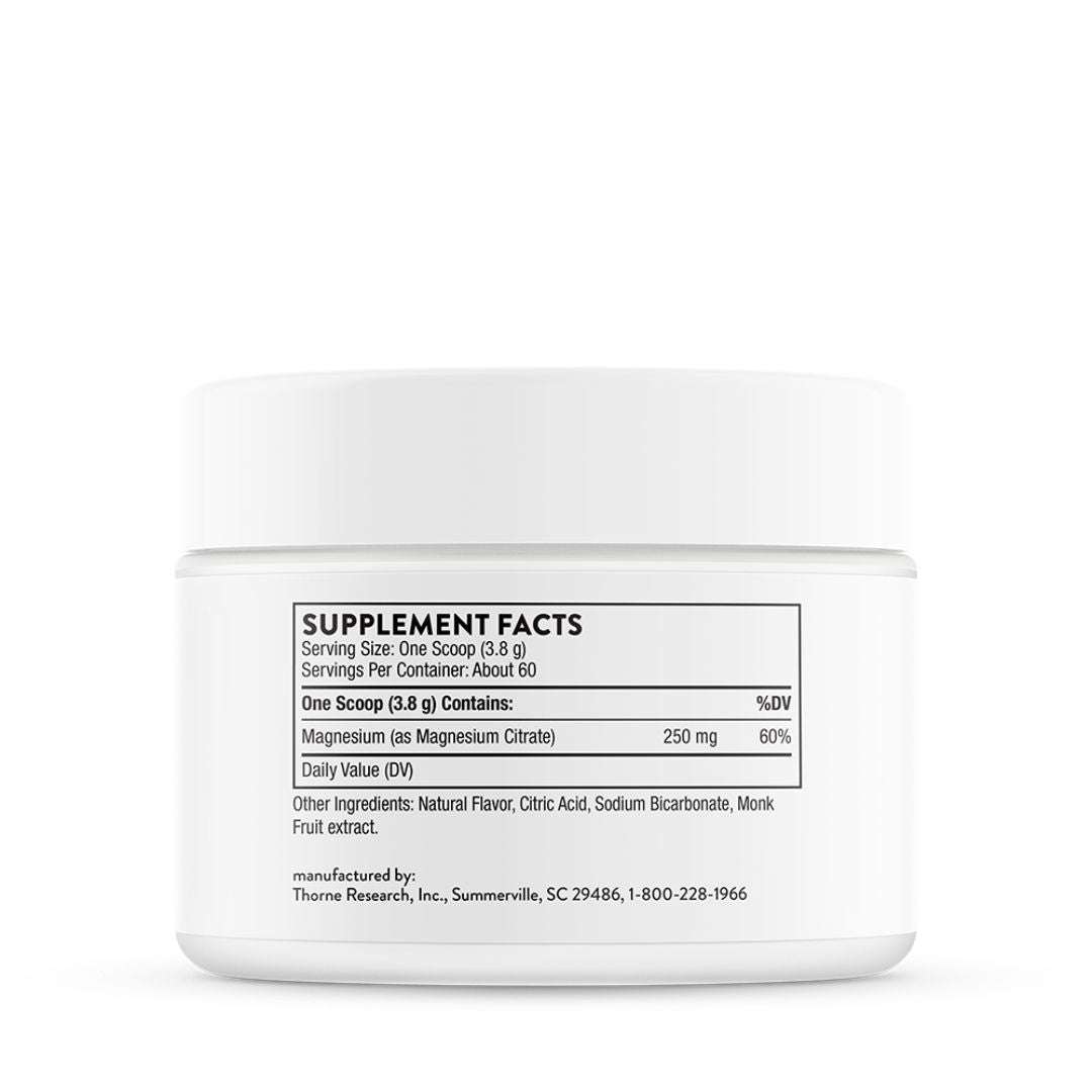 Thorne Magnesium Citrate Powder Citrus Berry container providing 250mg elemental magnesium per serving in a fast-dissolving powder format.