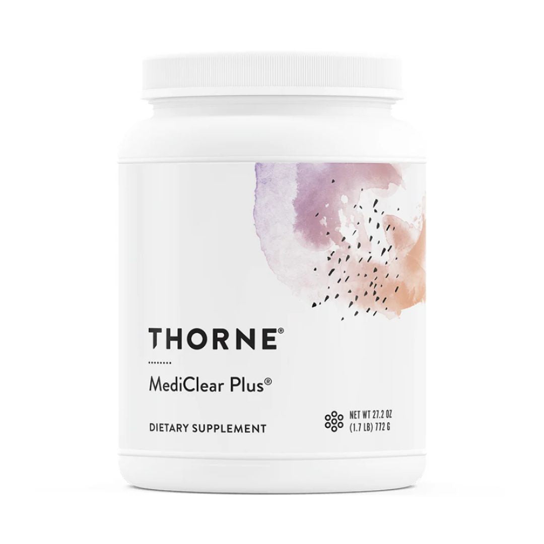 Thorne MediClear Plus plant protein powder tub rice and pea protein supplement container botanical ingredient label studio product image