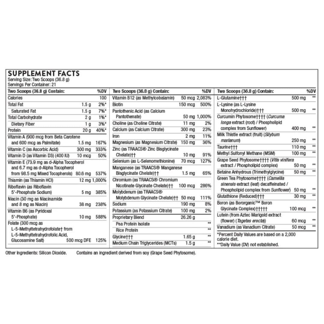 Thorne MediClear Plus plant protein powder tub rice and pea protein supplement container botanical ingredient label studio product image