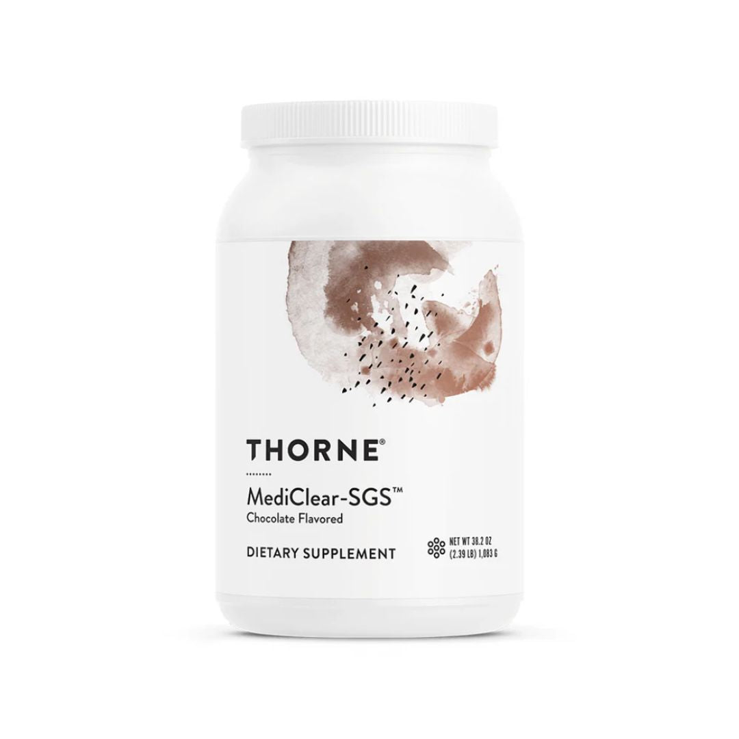 Thorne MediClear-SGS plant protein powder tub rice and pea protein supplement with broccoli seed extract label container studio product image