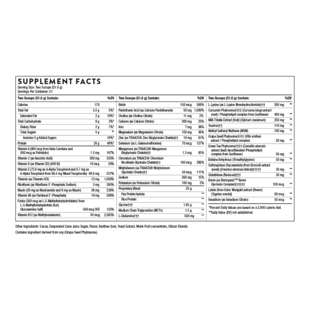 Thorne MediClear-SGS plant protein powder tub rice and pea protein supplement with broccoli seed extract label container studio product image