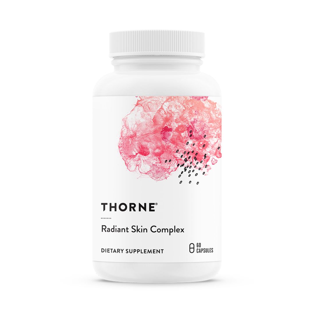 Thorne Radiant Skin Complex supplement bottle featuring Ovolux™ eggshell membrane extract and Eternalyoung® botanical blend in capsule format.