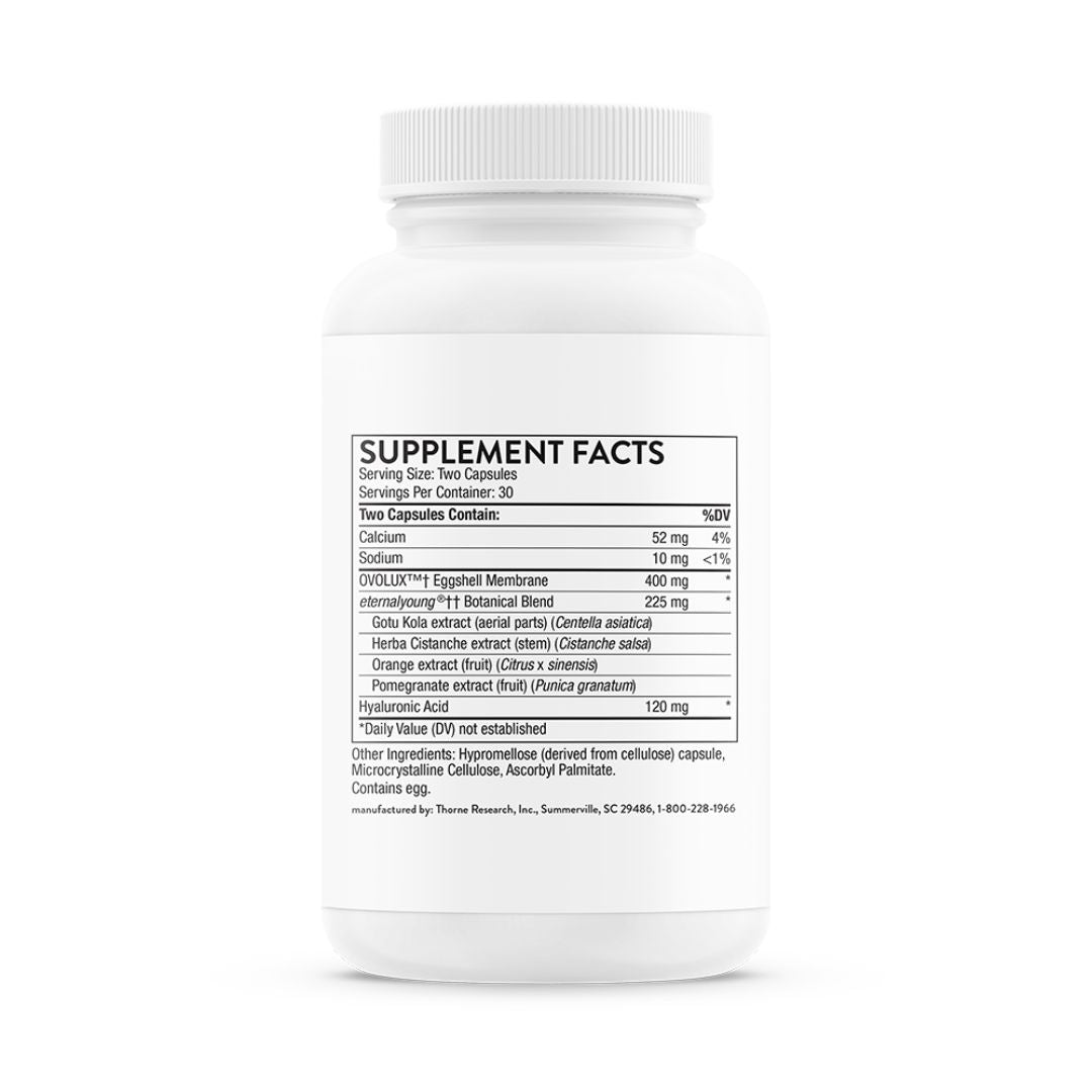 Thorne Radiant Skin Complex supplement bottle featuring Ovolux™ eggshell membrane extract and Eternalyoung® botanical blend in capsule format.
