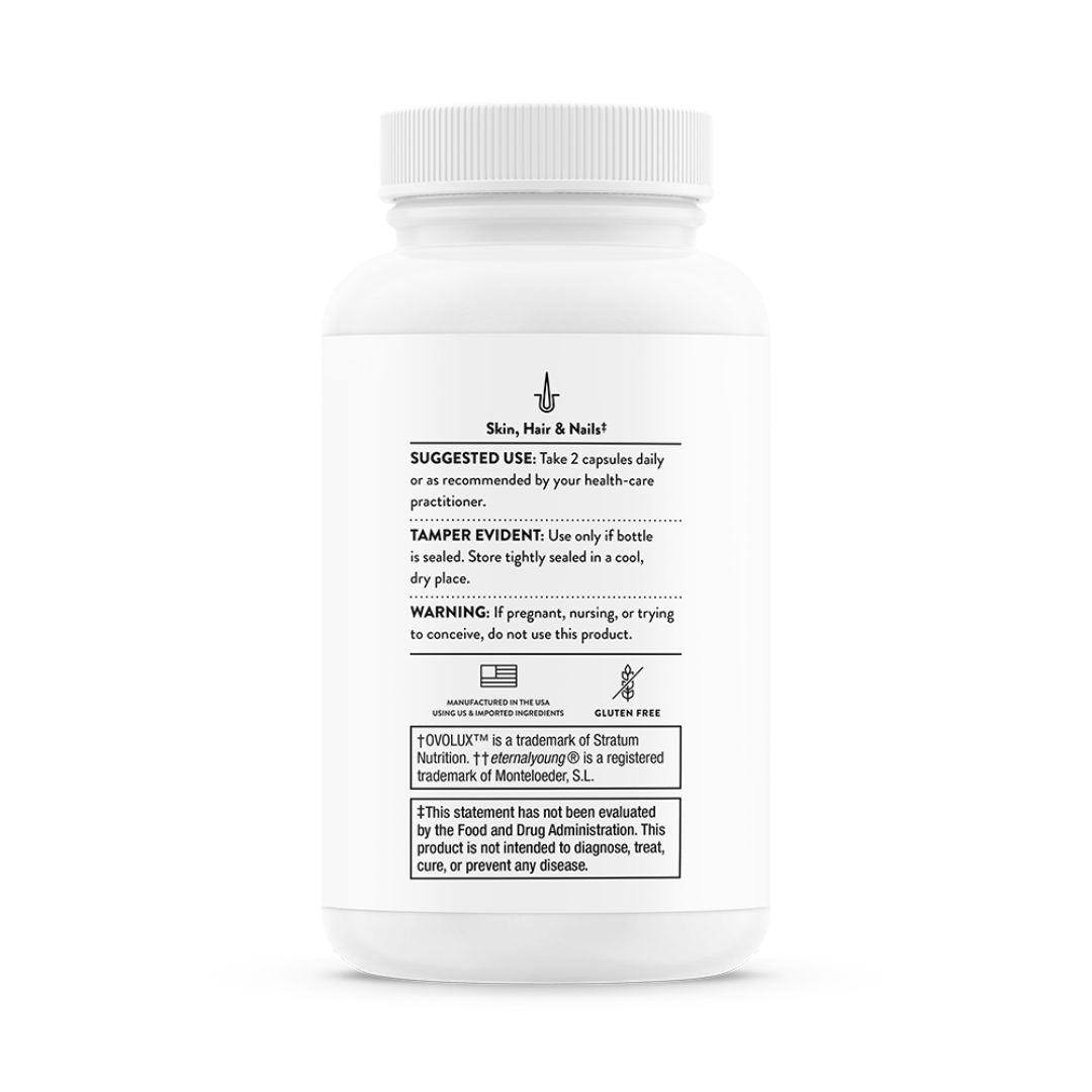Thorne Radiant Skin Complex supplement bottle featuring Ovolux™ eggshell membrane extract and Eternalyoung® botanical blend in capsule format.