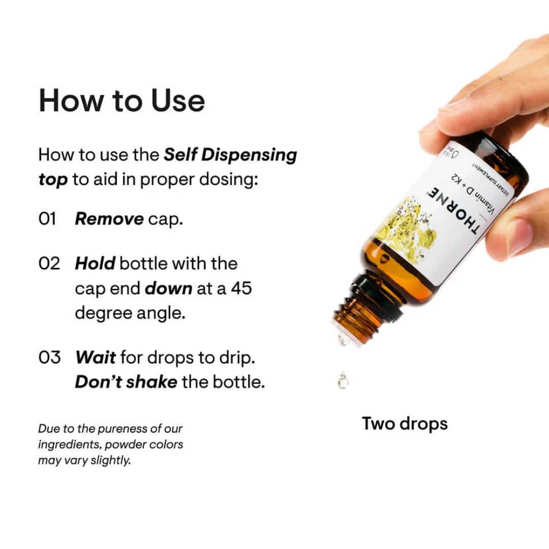 Thorne Vitamin D and K2 liquid drops bottle with dropper MCT oil base vitamin supplement label close up studio product image