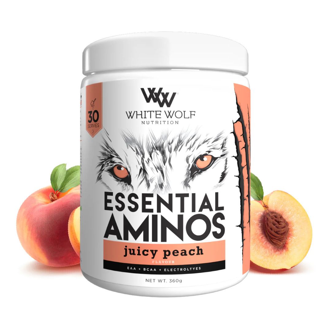 White Wolf Aminos BCAA + Electrolytes essential amino acid powder supporting muscle recovery and hydration.