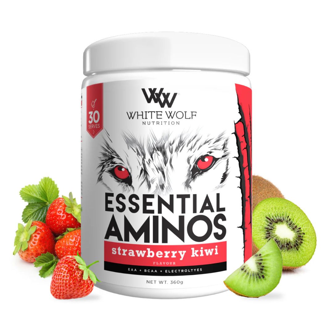 White Wolf Aminos BCAA + Electrolytes essential amino acid powder supporting muscle recovery and hydration.