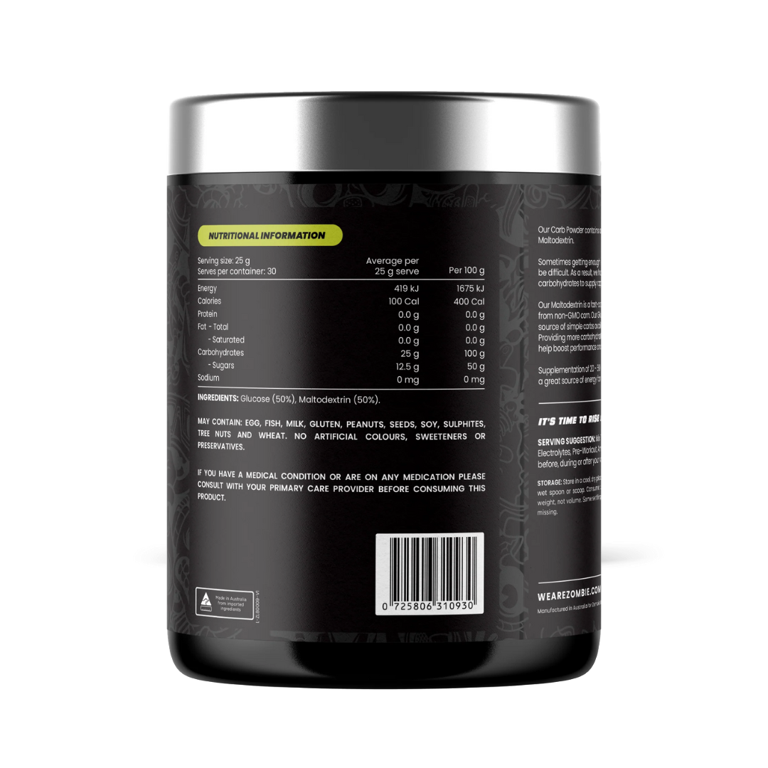 High-quality Zombie Labs Carbs supplement – pure maltodextrin and glucose powder for fast energy, endurance, and recovery – available from Nutrition Capital Australia.