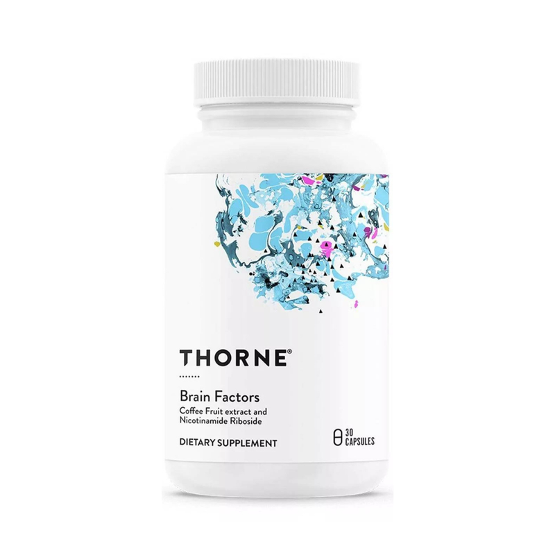 Thorne Brain Factors™ nootropic supplement bottle with CognatiQ™ Coffee Fruit Extract and Niagen® Nicotinamide Riboside – Available in Australia with fast delivery.