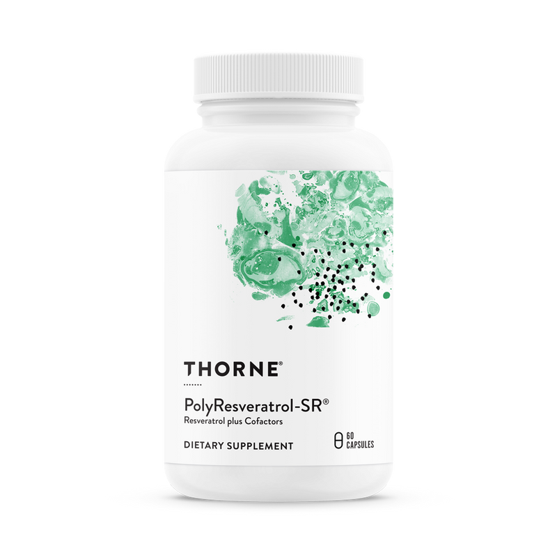 Thorne PolyResveratrol-SR® supplement bottle featuring trans-resveratrol and Time-Sorb® technology, available in Australia with fast delivery.